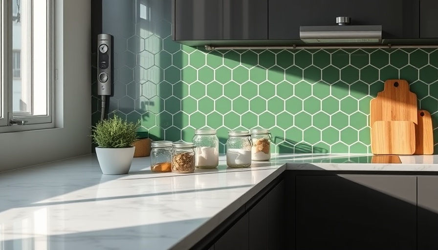 Modern kitchen countertop with green hexagon tiles and glass jars during remodeling.