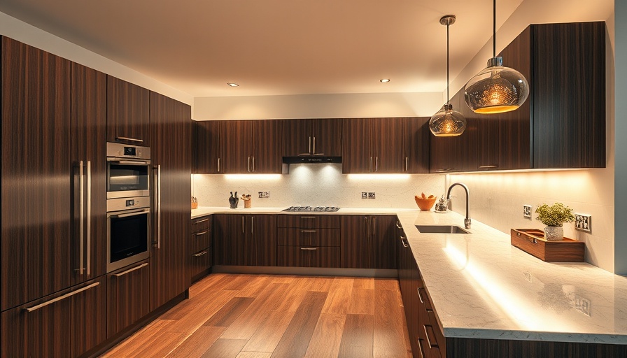 Modern kitchen remodeling with dark wood cabinets and elegant lighting.