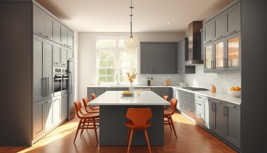 Modern kitchen remodeling with gray cabinets and granite countertops.