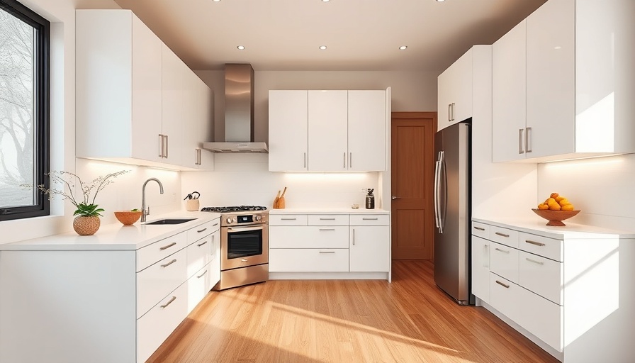 Modern kitchen with white cabinets and dark countertops, showcasing cabinet refacing trends 2025.