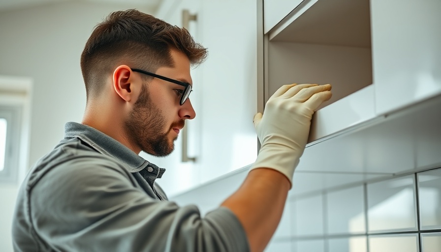 Professional installing modern kitchen cabinet shelf, close-up view.