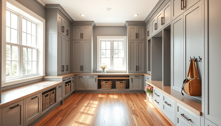 DIY mudroom cabinets in a spacious modern mudroom with storage baskets and natural light.