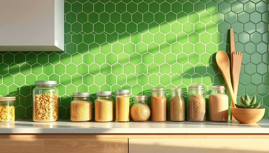 Green hexagonal tile kitchen backsplash with jars on marble countertop