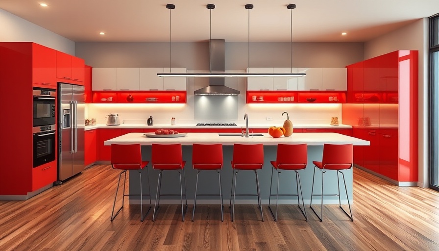 Modern kitchen remodeling with island and red barstools.