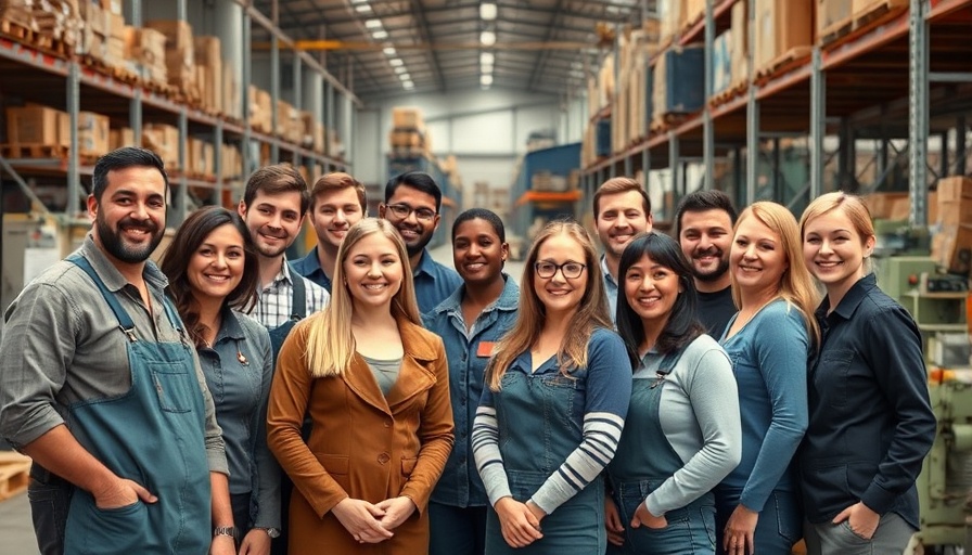 Diverse workplace team smiling in a warehouse, showcasing workplace diversity and inclusion.