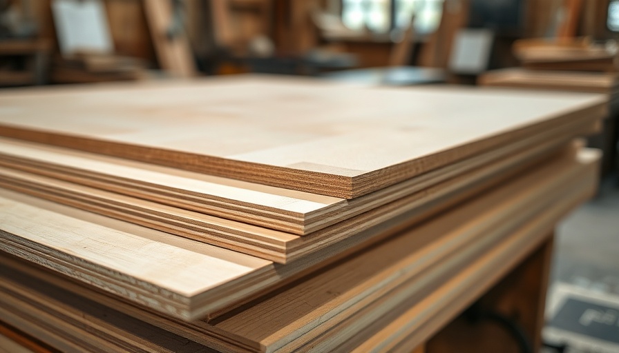 Stack of plywood sheets with text on choosing melamine and plywood cabinet construction.