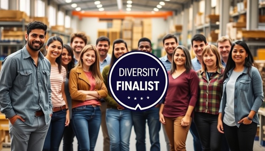 Diverse group in a warehouse, Diversity Awards finalist 2025 badge.