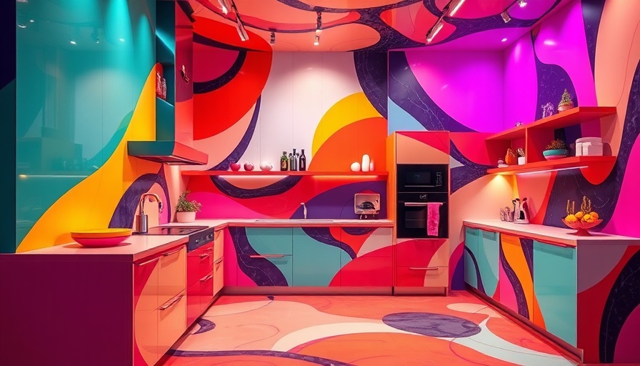 Colorful abstract illustration of 2025 kitchen trends with geometric shapes.