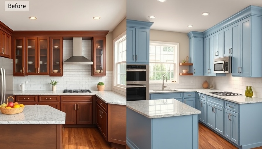 Before and after transformation of kitchen cabinets and countertop.