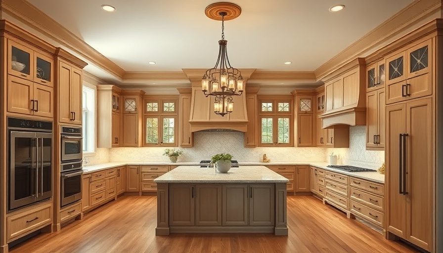 Traditional kitchen design with large island and pendant lights.
