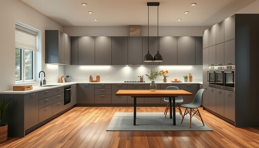 Modern kitchen with elegant gray cabinets and lighting trends 2025.