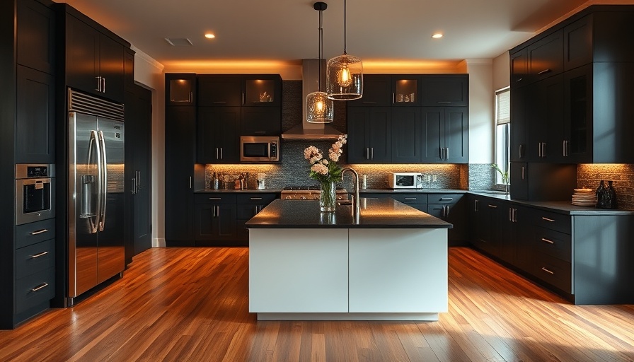 Modern kitchen design with dark cabinets for small open floor plans.
