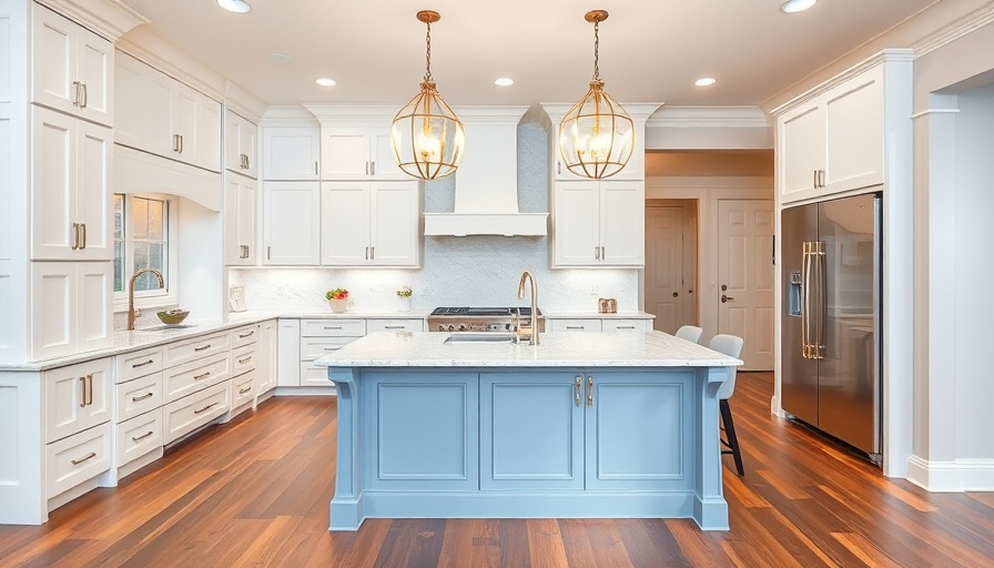 Elegant soft white kitchen with blue island and modern lighting