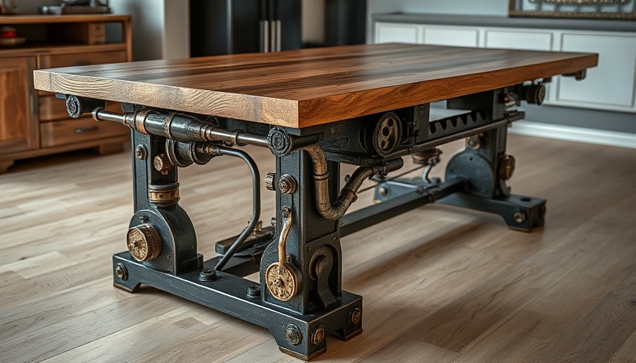 Industrial table design with metal and wood elements, innovative style.