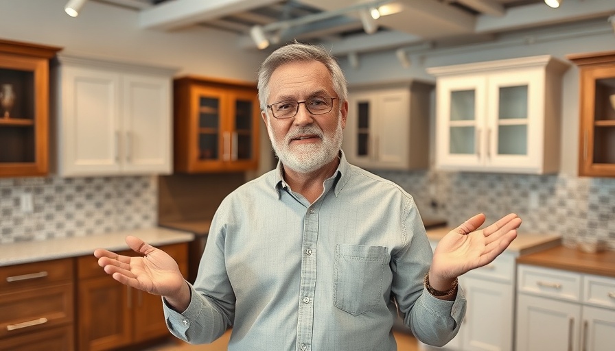 Home improvement contractor discussing cabinet designs in a showroom.