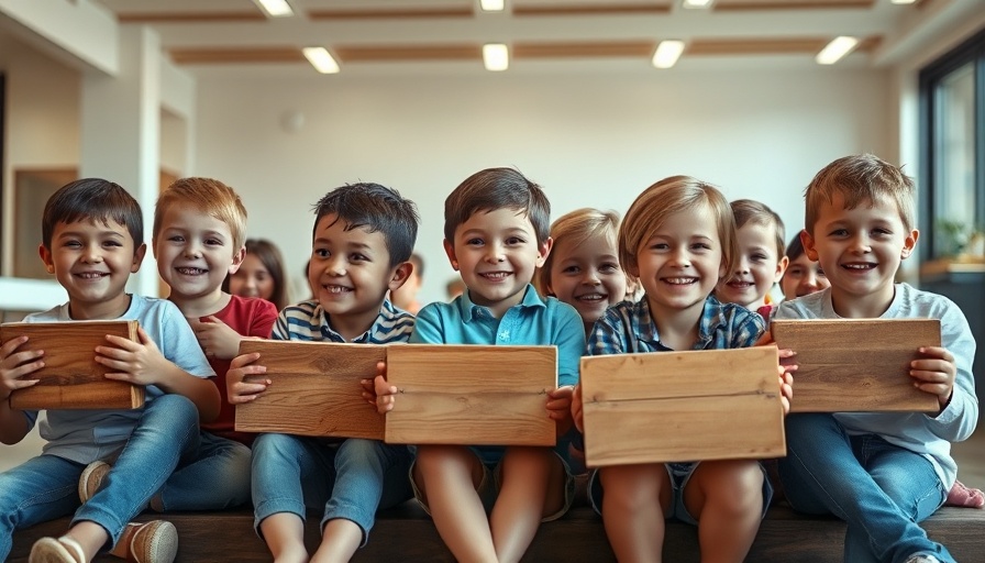 Children holding wooden crafts, learning home improvement, smiling group indoors.