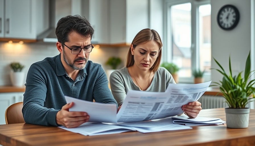 Frustrated couple at kitchen table, worried about diy kitchen installation pitfalls.