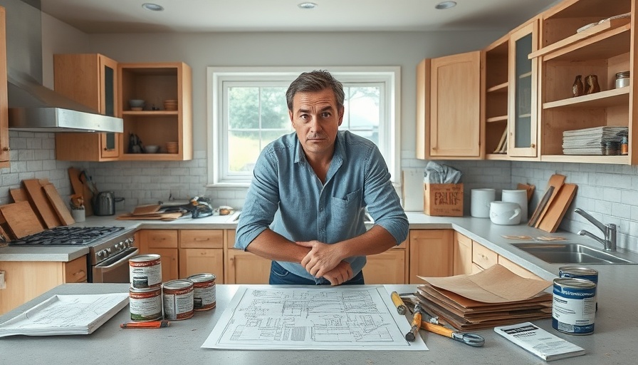 DIY kitchen renovation pitfalls illustrated by frustrated man and paint cans.