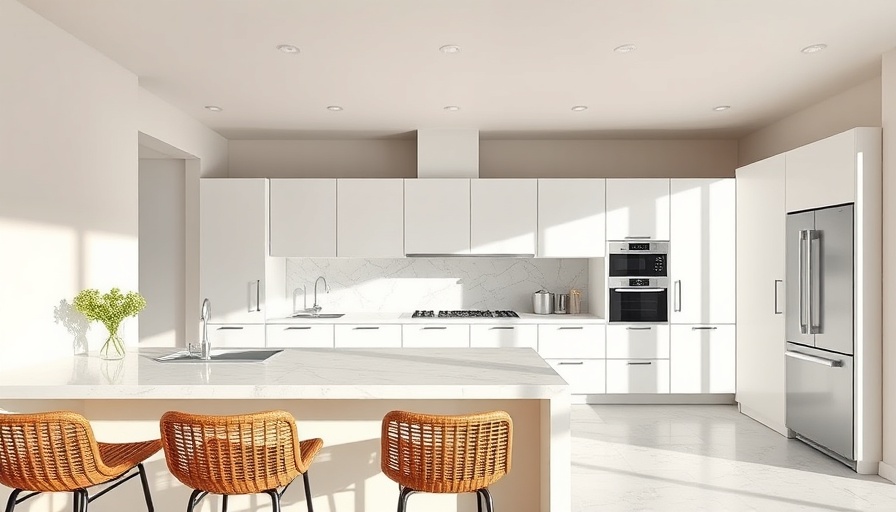 Spacious modern kitchen remodel with marble island and wicker stools.