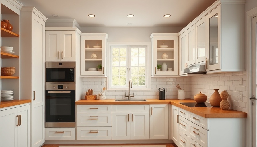 Modern shaker kitchen with white cabinets and wood countertop.