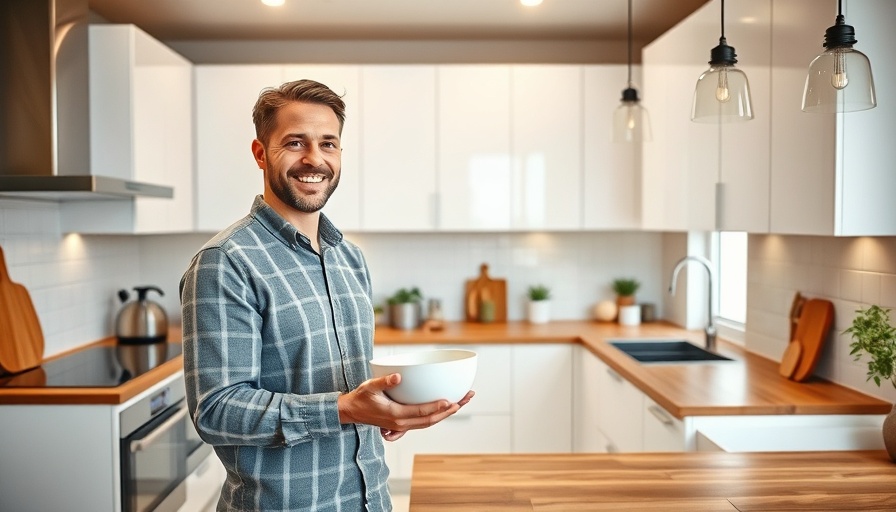 Modern kitchen with a man enjoying breakfast, showcasing kitchen remodeling near me.