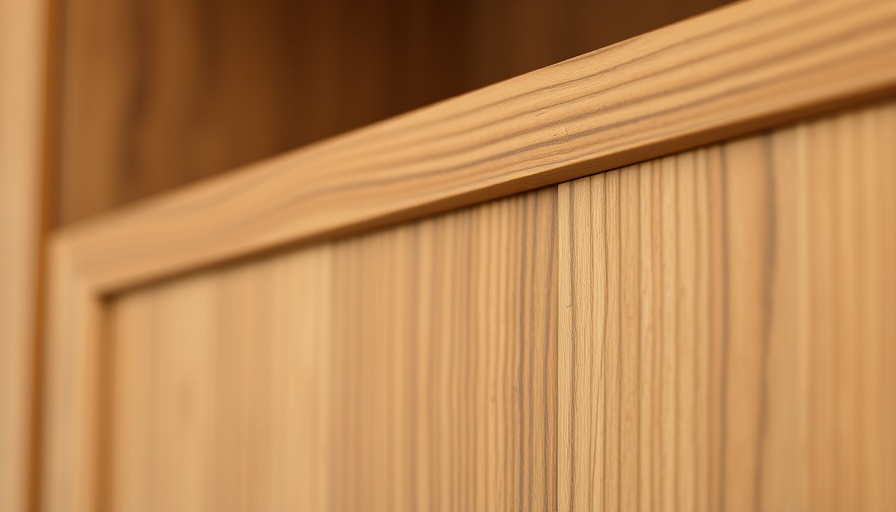 Close-up of sleek cabinet door profiles in warm tones.