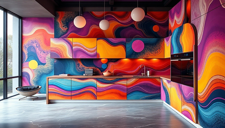 Colorful abstract kitchen design with 2025 trends.
