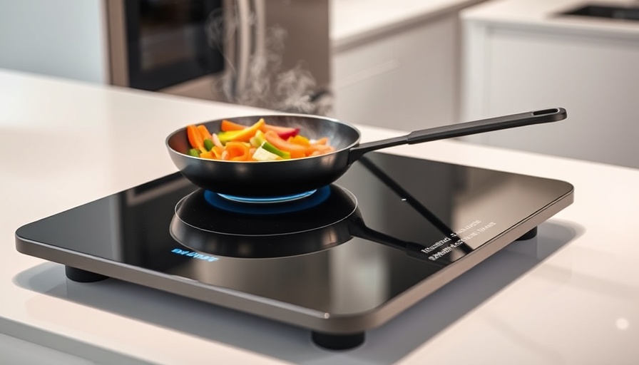 Modern electric cooktop with frying pan cooking vegetables on a countertop.