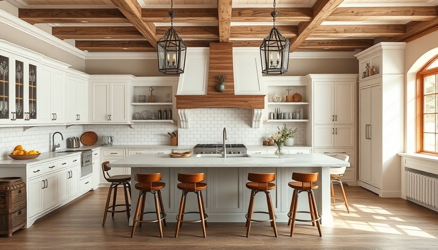 Elegant provincial kitchen with central island and wooden stools.