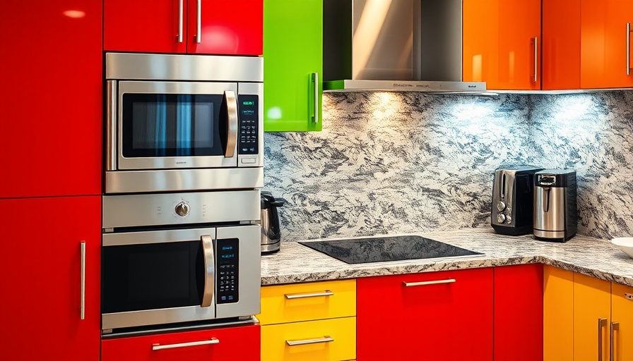 Vibrant kitchen design with matching appliances and colorful cabinets.