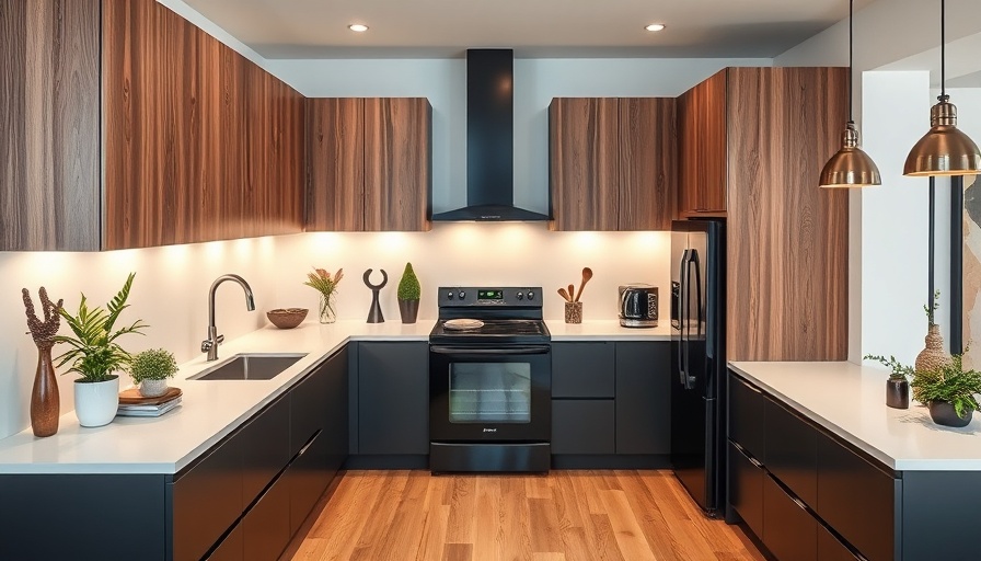 Modern kitchen with timber-look overhead cabinets and sleek design.
