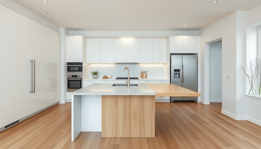 Modern multi-functional kitchen workspace with island and wooden table.