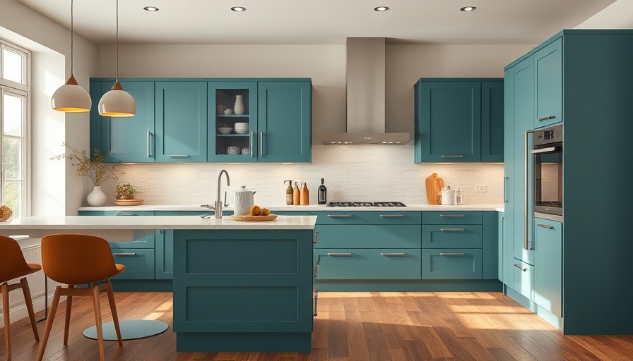 Modern kitchen remodel with teal cabinets, stylish design.