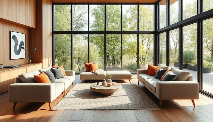 Contemporary living room with modern design elements and large windows, showcasing modern design strategies.