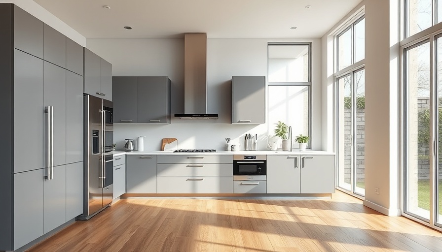 Modern kitchen color scheme with gray and white cabinets.