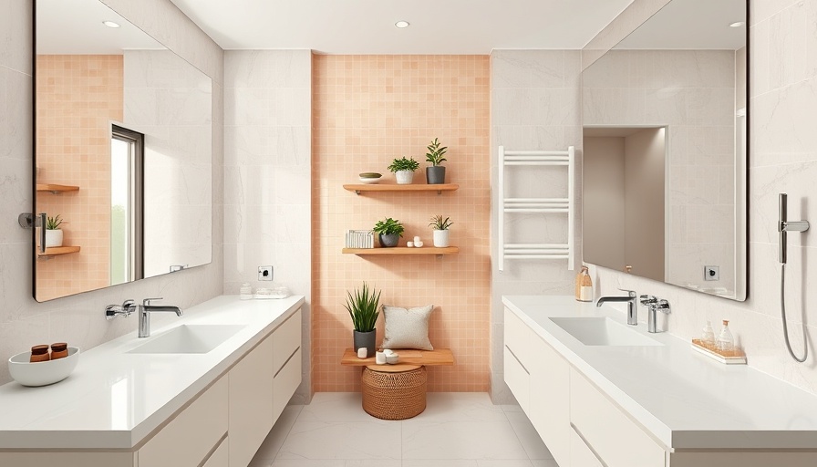 Modern minimalist bathroom maximizing space with mirrors and seating.