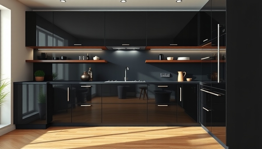 Sleek modern black cabinetry in a monochromatic interior design kitchen.