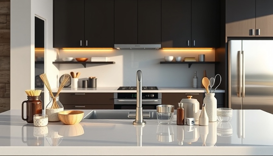 Modern kitchen with essential tools on a sleek countertop.