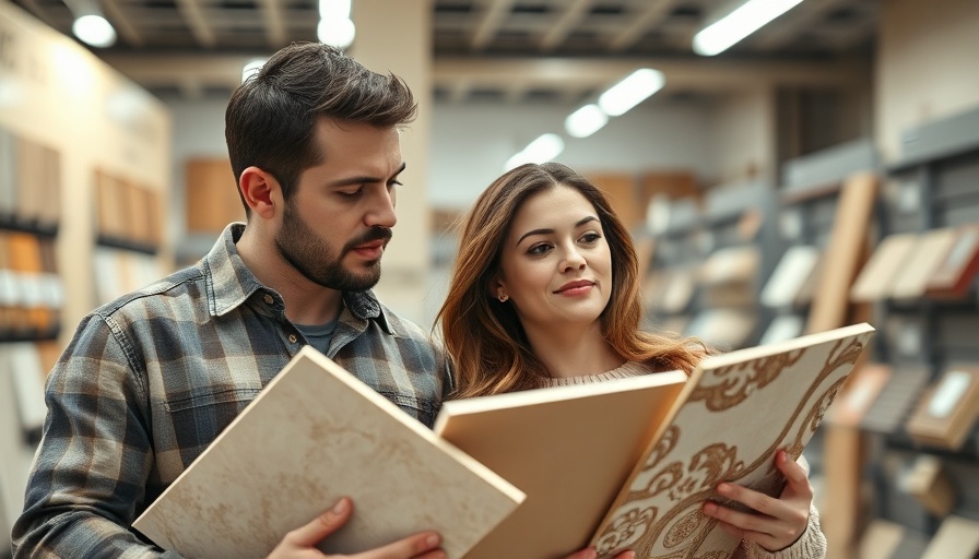 Young couple selecting tiles for kitchen renovations in Calgary.