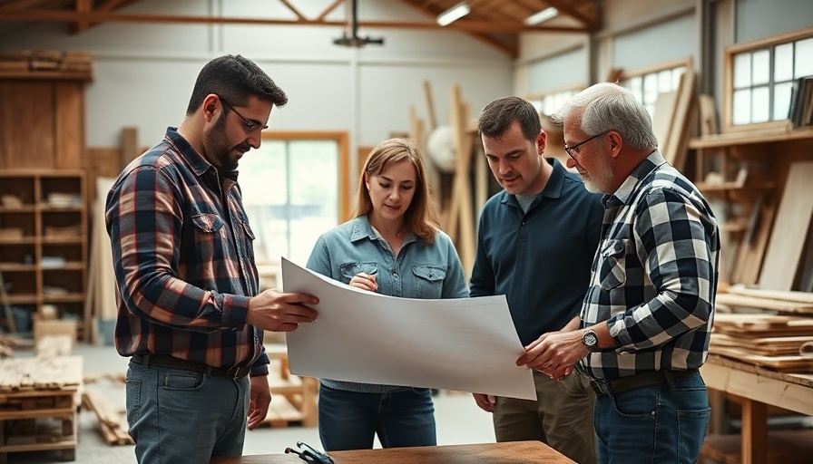 Professionals discussing kitchen renovation plans in woodshop.