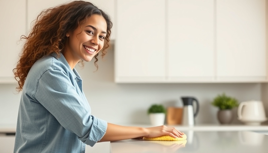 Smiling woman cleaning kitchen counter, how to maintain kitchen cabinets