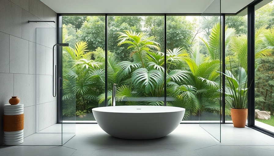 Modern bathroom design trends for 2025 with a freestanding tub and greenery view.
