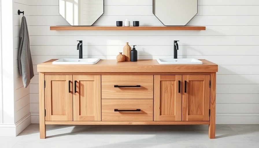 Modern wooden bathroom vanity in a bright, minimalist bathroom.