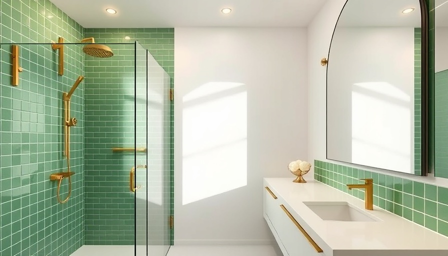 Elegant modern bathroom with green tiles and gold fixtures.