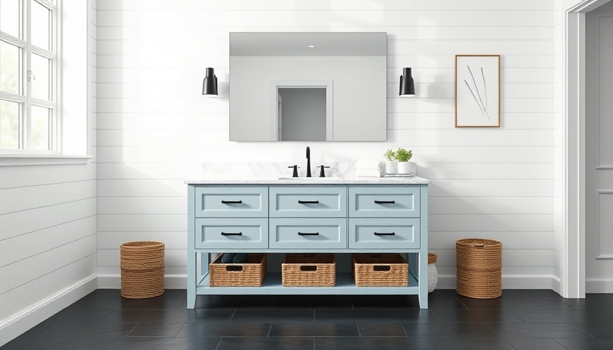 Modern bathroom interior with blue vanity for bathroom remodeling.