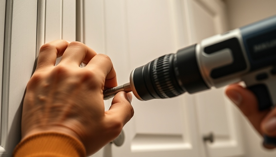 Installing cabinet handle during kitchen remodeling near me, detailed view.