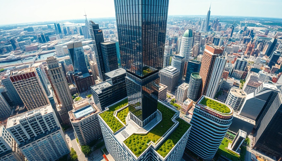 Skyscraper with rooftop gardens in urban environment, reflecting modern city home improvement.