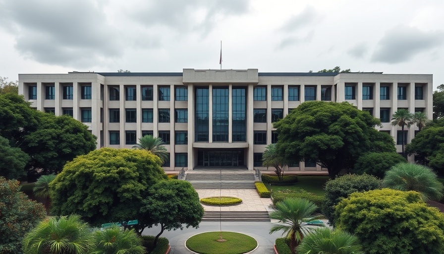 Modern institutional building surrounded by greenery, overcast day.