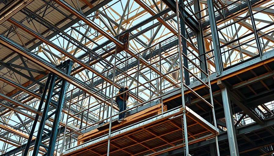 Construction worker engaged in structural work surrounded by metal and beams.