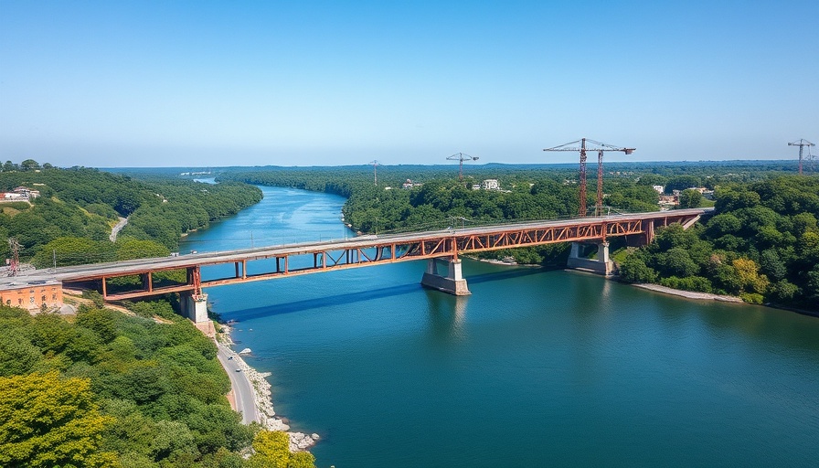 Aerial view of bridge construction over river with surrounding greenery.
